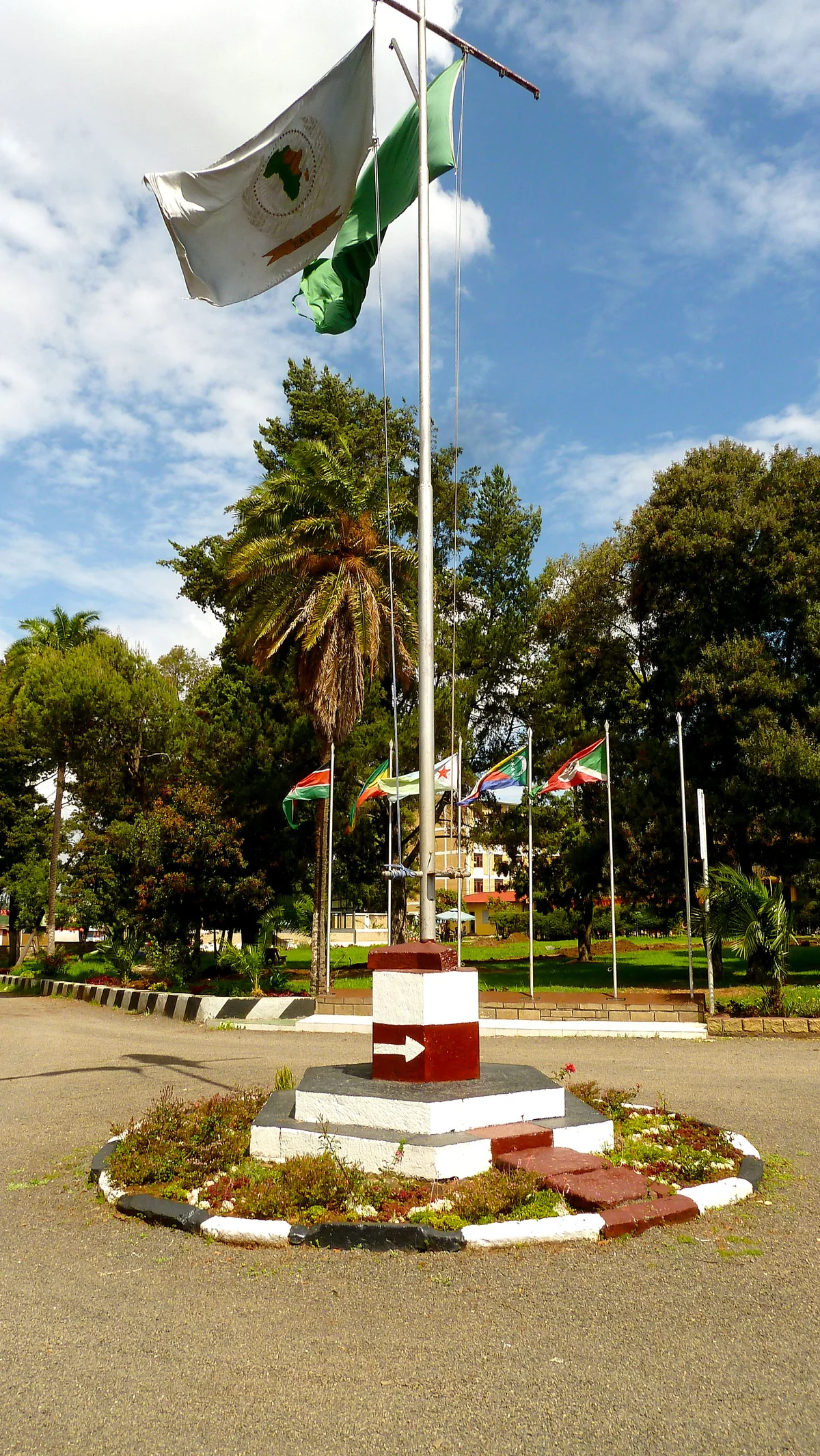 Flags at the East Africa Standby Brigade headquarters in Addis Ababa, Ethiopia, on April 27, 2012; the Comorian flag appears among the national flags in the background.