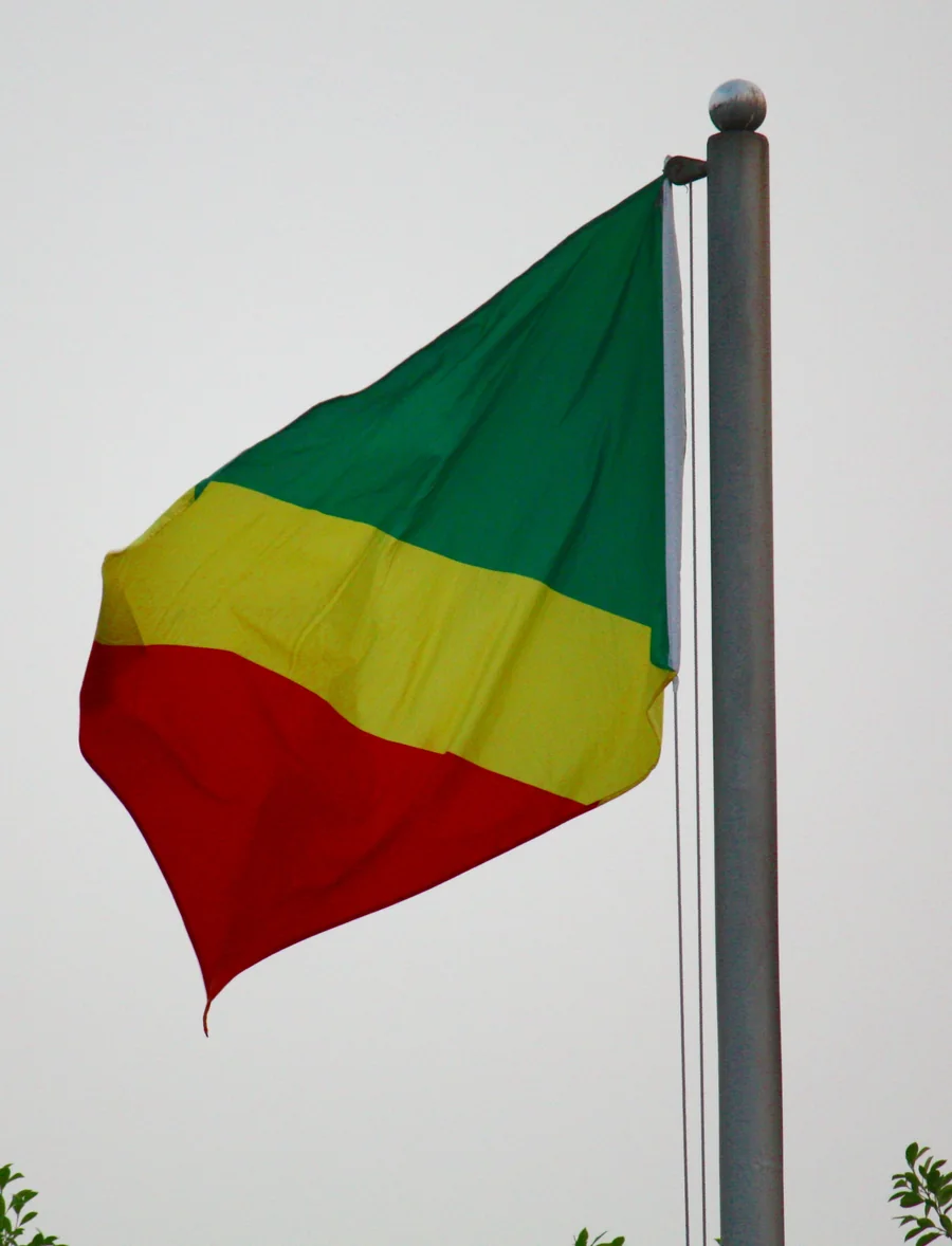A Republic of the Congo flag in Shenzhen, photographed by J. Patrick Fischer on August 31, 2010. The pole is at the right, showing the reverse side.