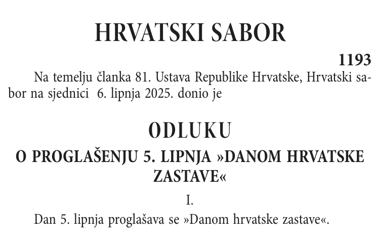 Excerpt from Narodne novine, June 11, 2025: the heading and first clause of Parliament’s decision designate June 5 as Croatian Flag Day. The continuation and signature are outside this crop.