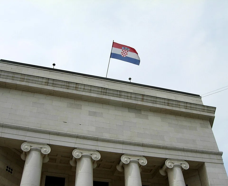 Croatia’s flag above the Croatian National Bank building in Zagreb on May 19, 2008.