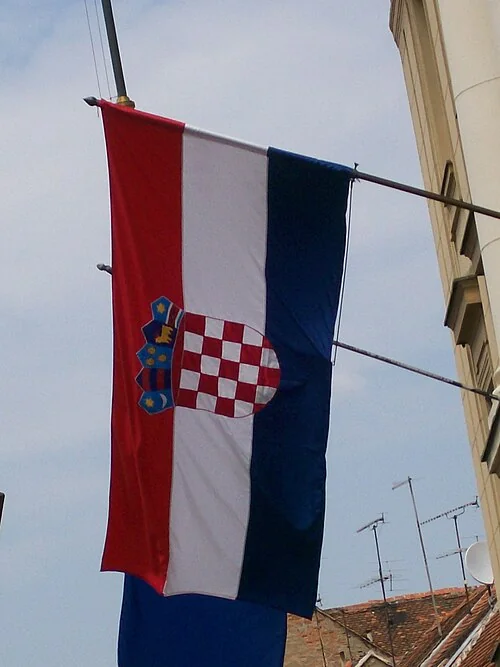 A vertically displayed Croatian flag at the Parliament building on August 8, 2007.