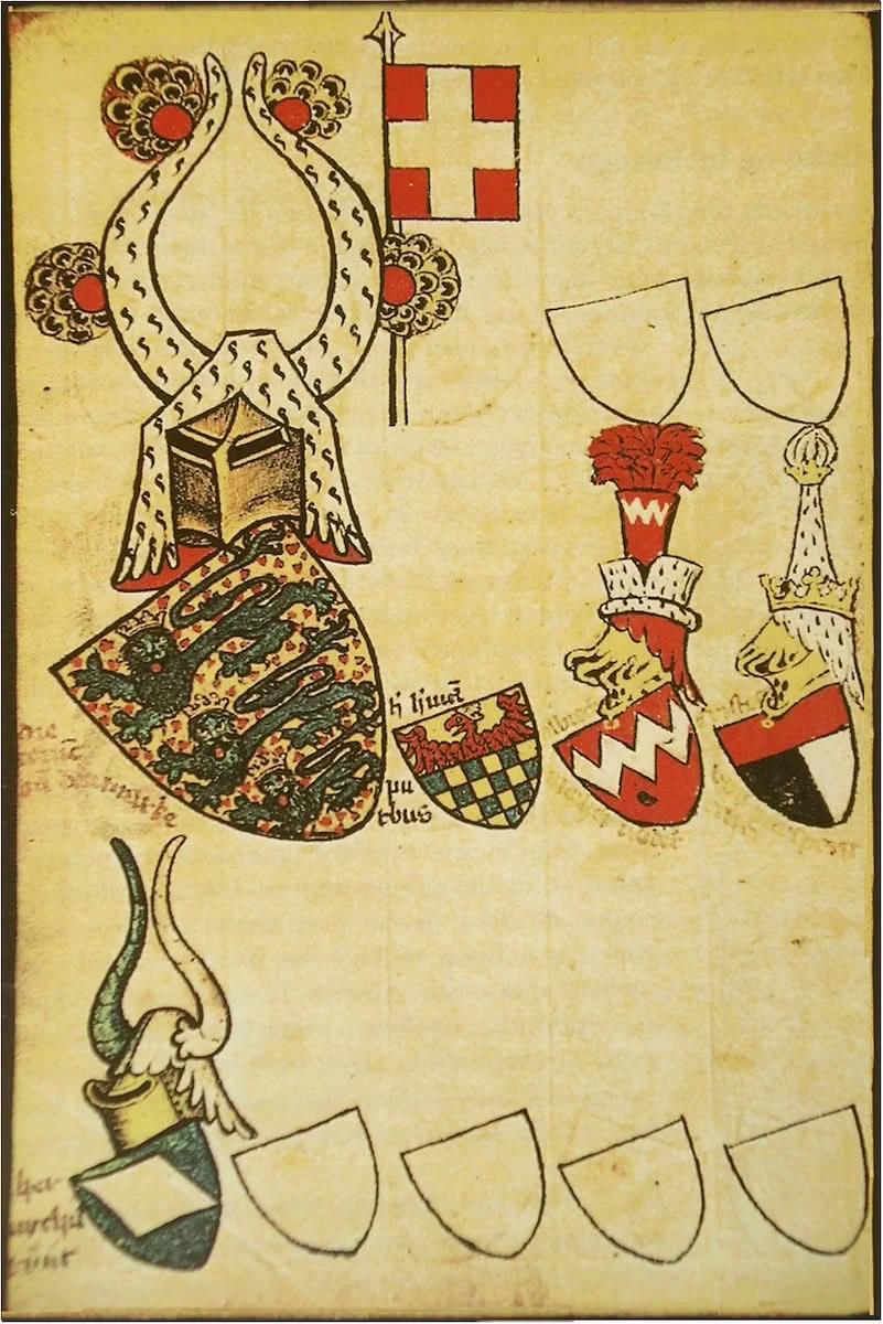 A medieval Armorial Gelre detail shows the Danish royal arms and a small red banner with a white cross.