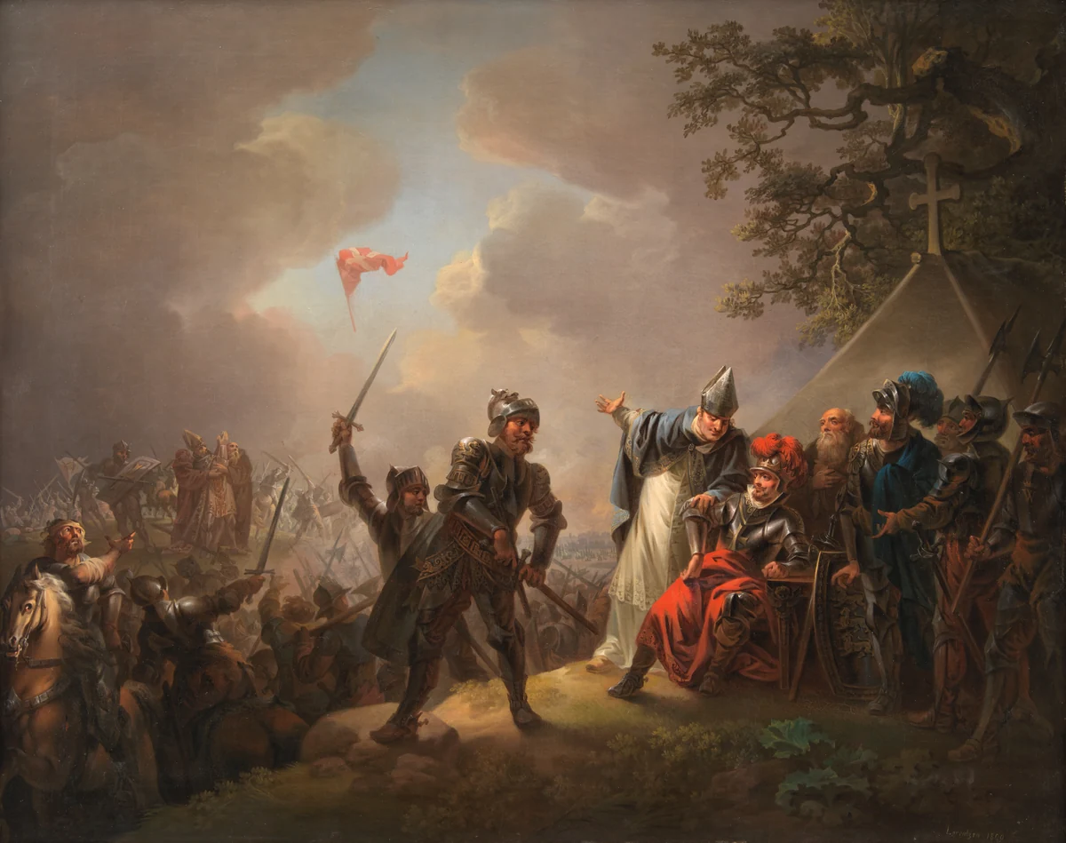 Christian August Lorentzen’s 1809 painting imagines the Dannebrog descending during the 1219 battle at Lyndanise. It is a later artistic interpretation.