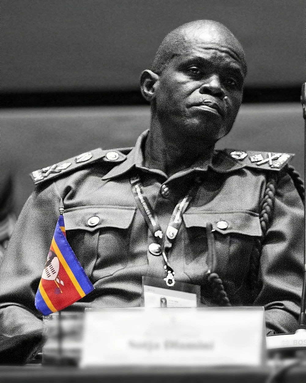 U.S. Army photo illustration published in August 2026, based on a photograph of Brig. Gen. Sotja Dlamini at the African Land Forces Summit in Rome, Italy, on March 23, 2026. The creator isolated the desk flag in color and altered the surrounding tones and focus.