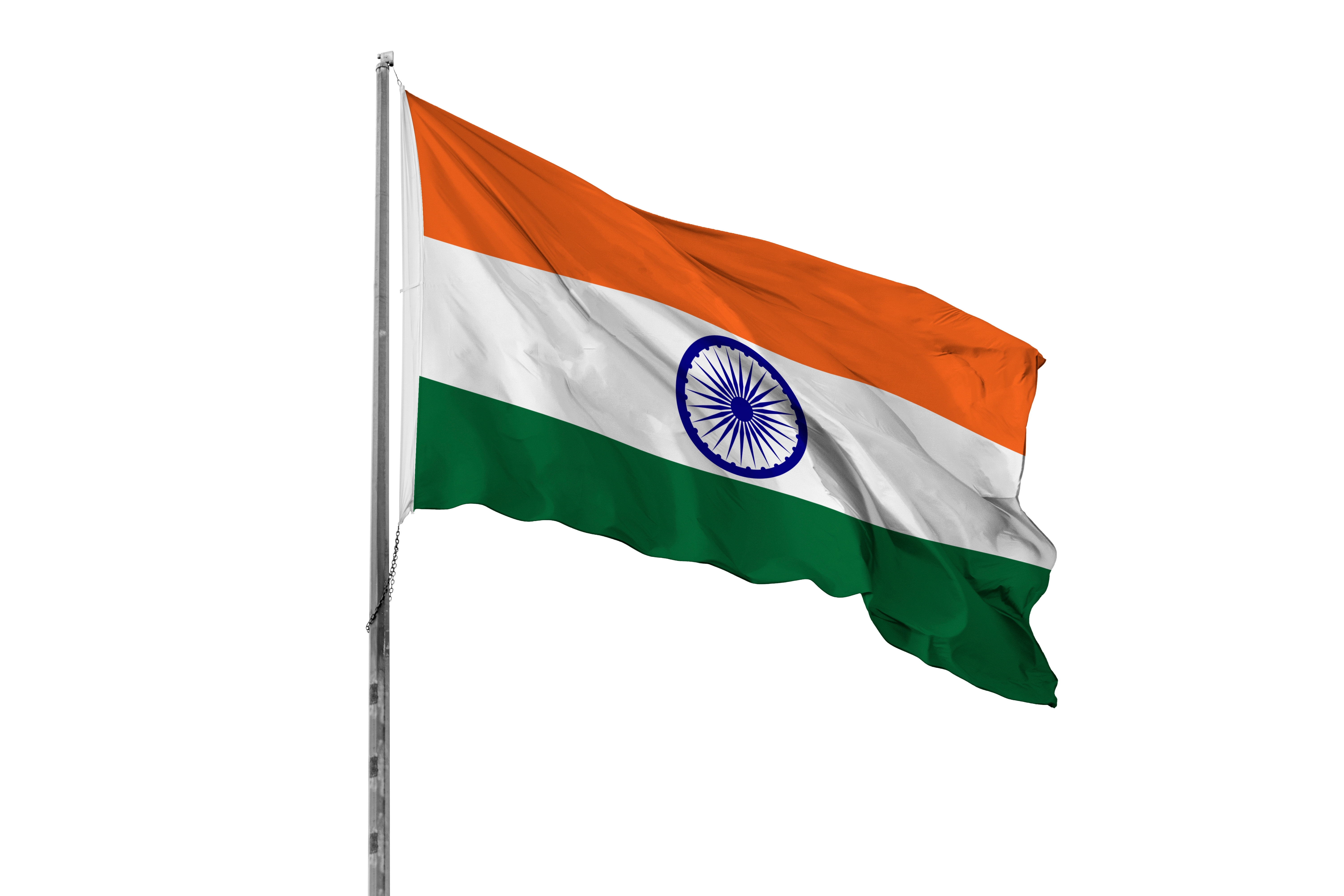 The Indian national flag flying from a flagpole against a plain white background, all three bands and the Ashoka Chakra clearly visible