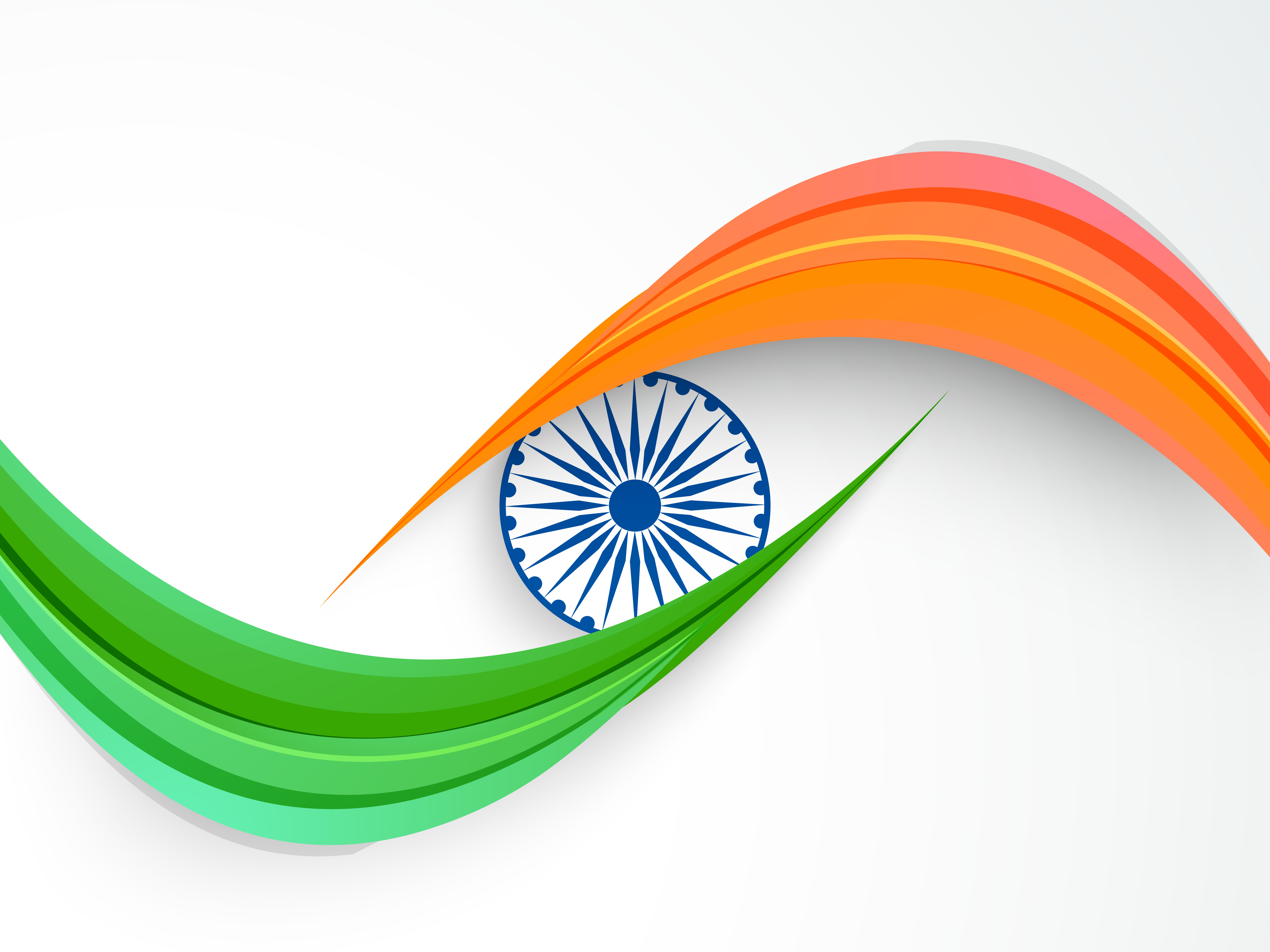 Abstract art of the Indian flag — saffron and green waves sweeping around the navy Ashoka Chakra