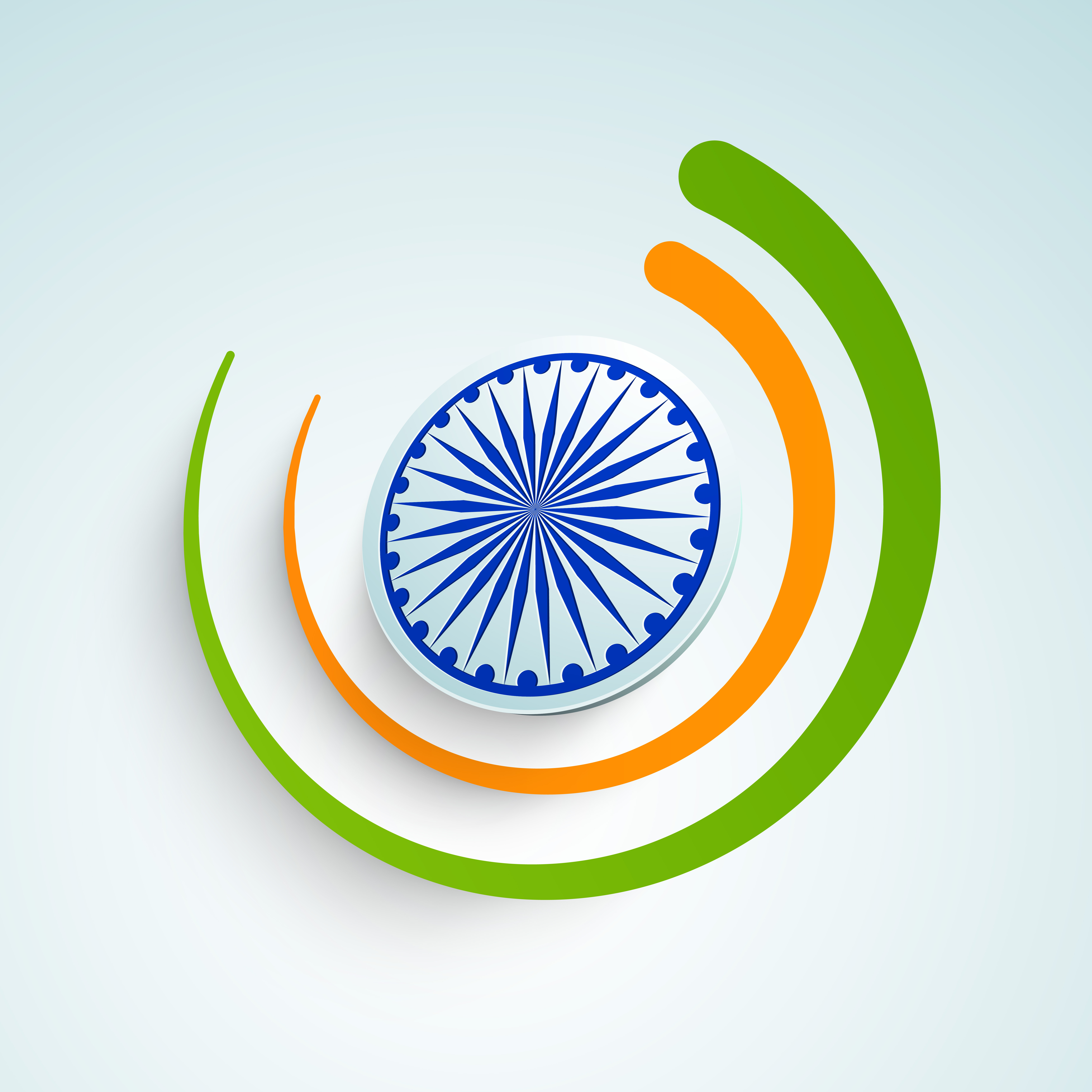 Minimal art of the Ashoka Chakra disc ringed by sweeping saffron and green arcs