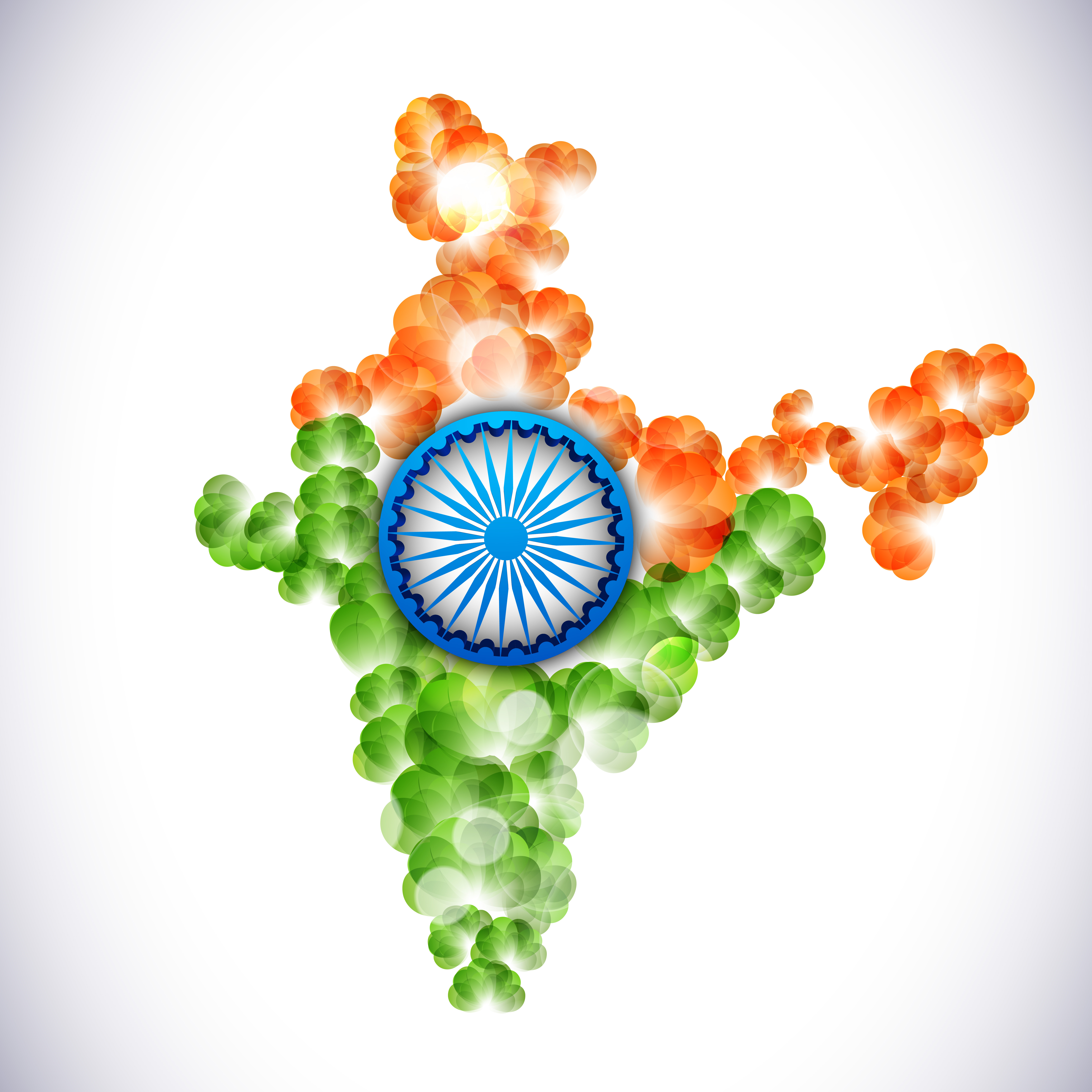 The map of India formed from glowing saffron, white and green particles with the Ashoka Chakra at its centre
