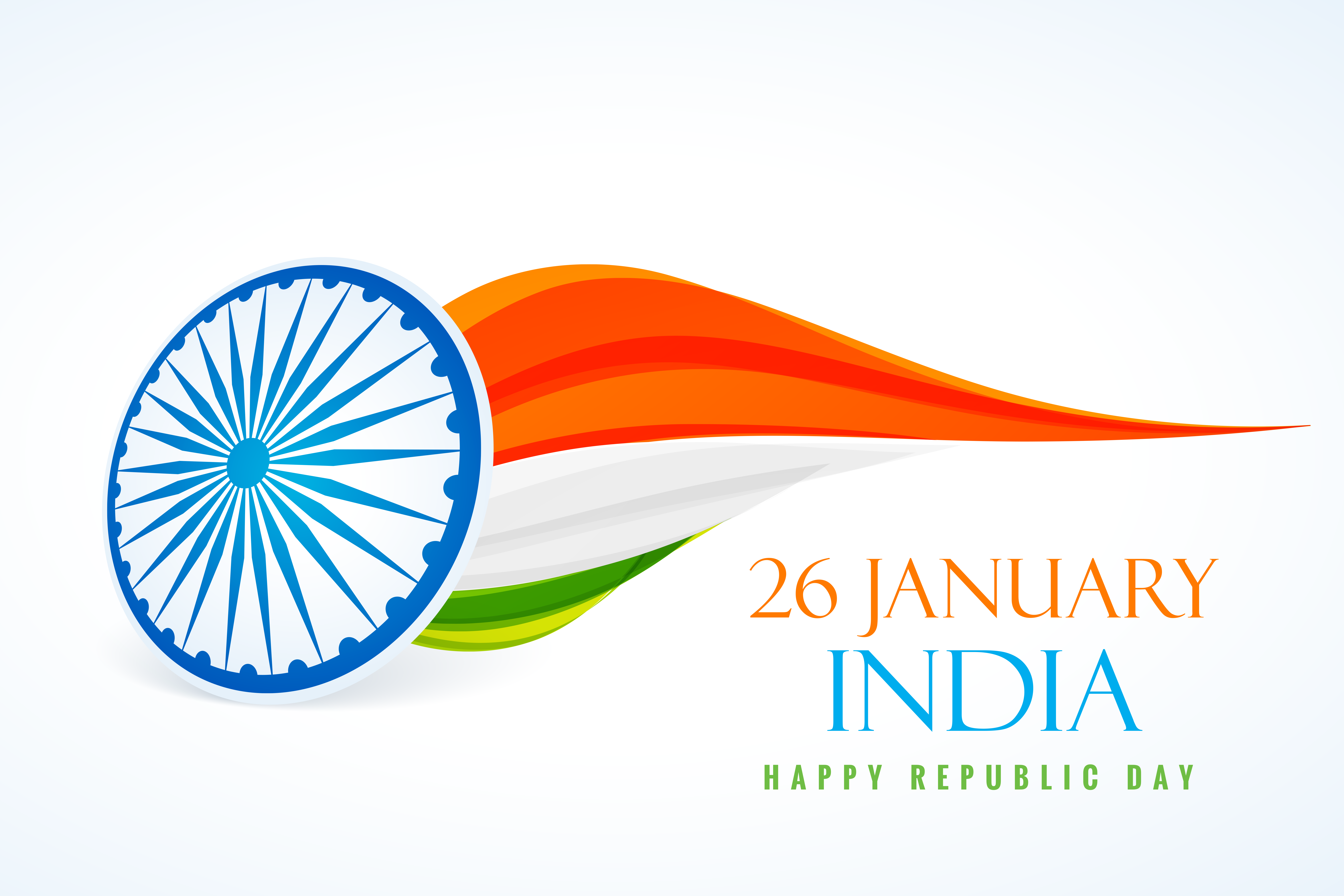 Republic Day greeting art — a large blue Ashoka Chakra beside a tricolour ribbon with the words 26 January India, Happy Republic Day