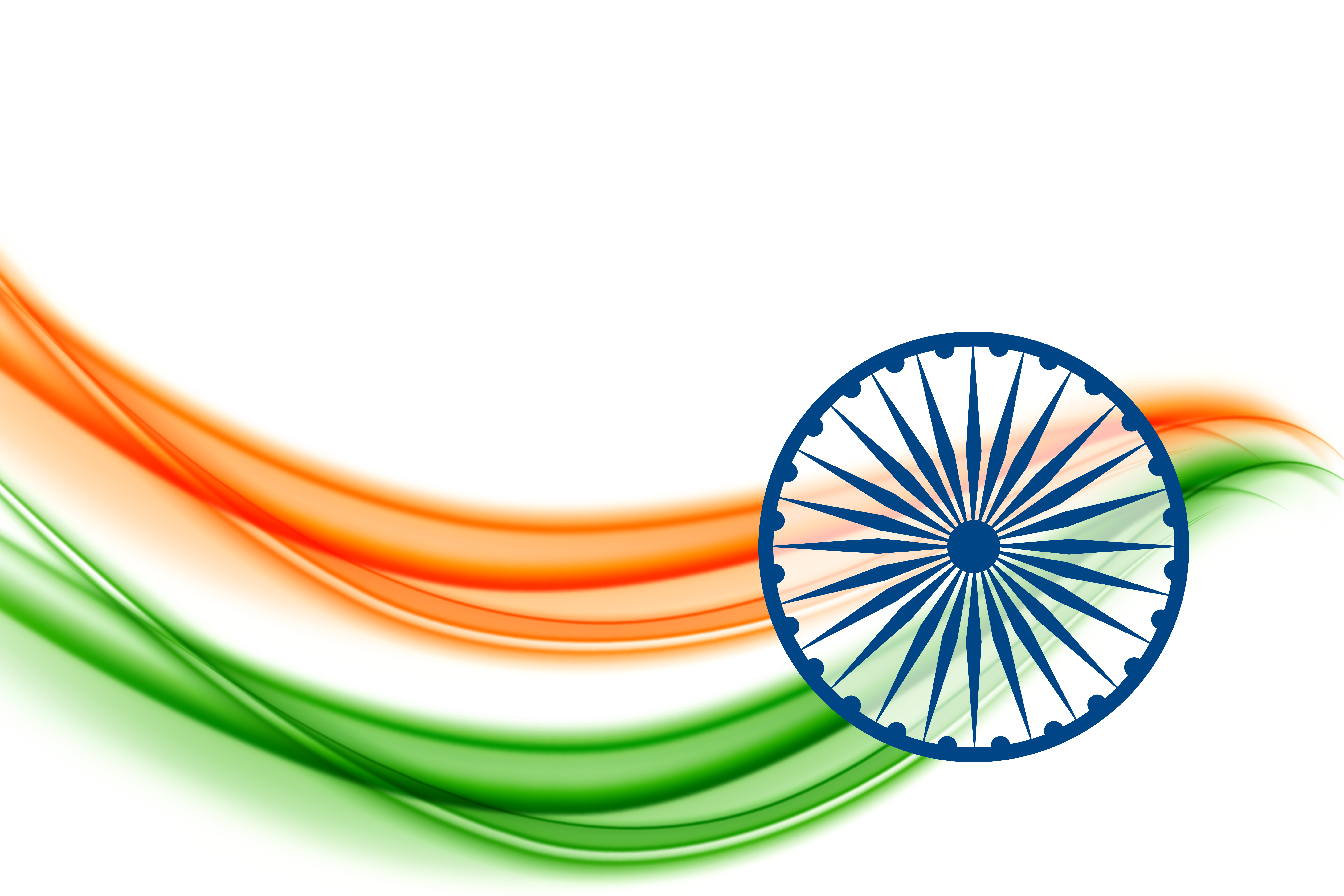 Soft silken waves of saffron and green flowing across white, carrying the navy Ashoka Chakra