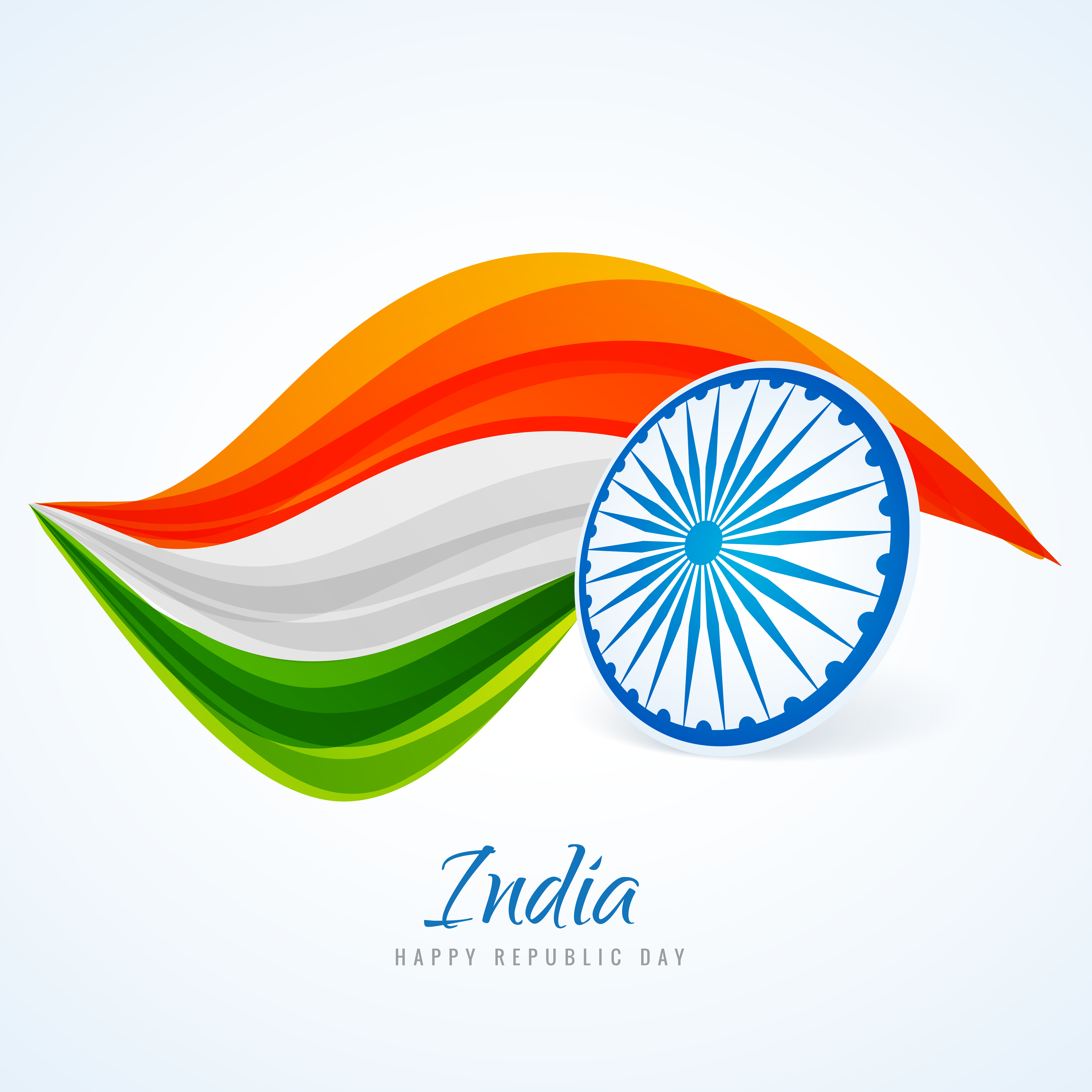 Tricolour waves crossing behind a blue Ashoka Chakra disc above the words India, Happy Republic Day