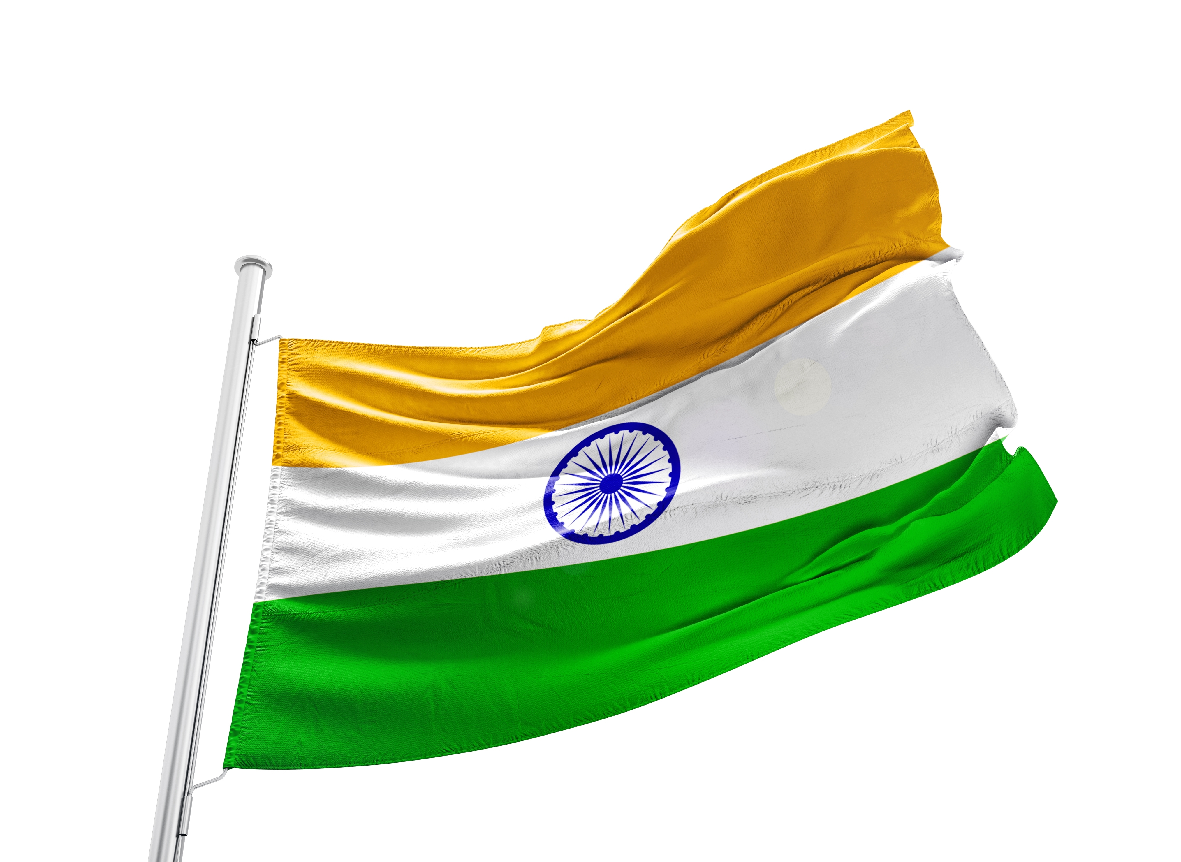 The Indian flag streaming from a white flagpole against a plain background, saffron band uppermost
