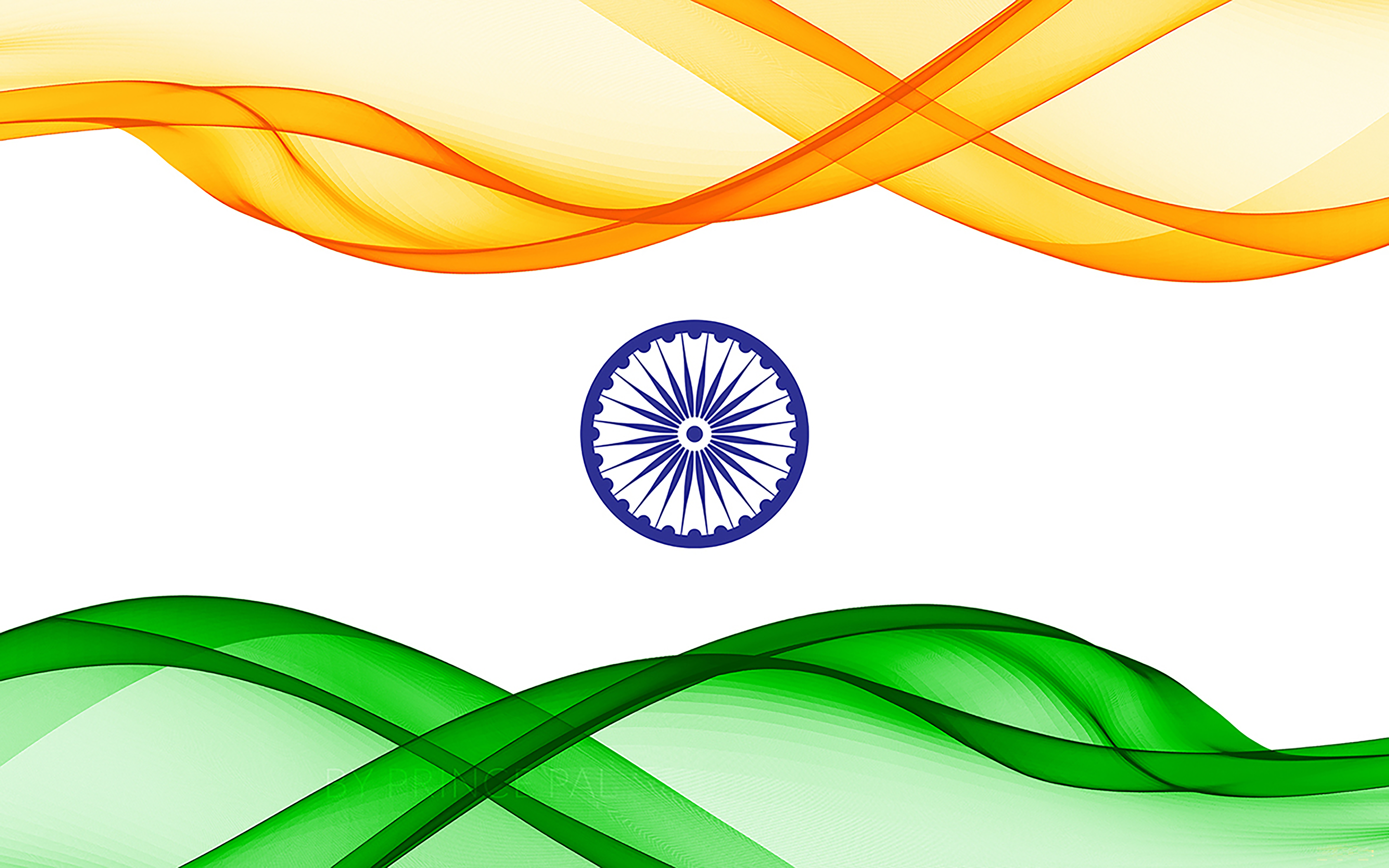 Sheer chiffon-like waves of saffron above and green below, drifting around a small navy Ashoka Chakra on white