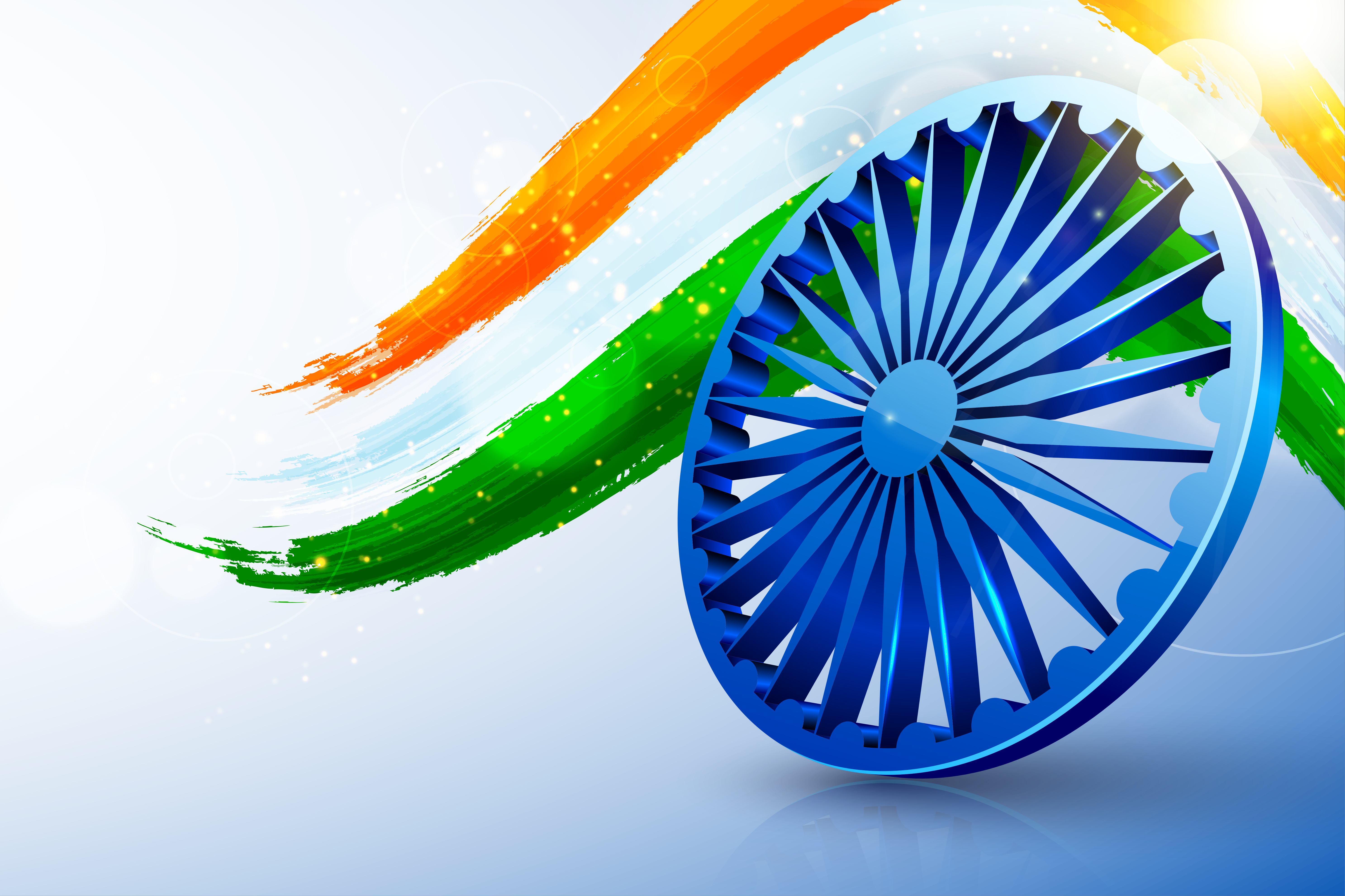 A three-dimensional blue Ashoka Chakra rolling along a tricolour brushstroke wave against a pale blue background
