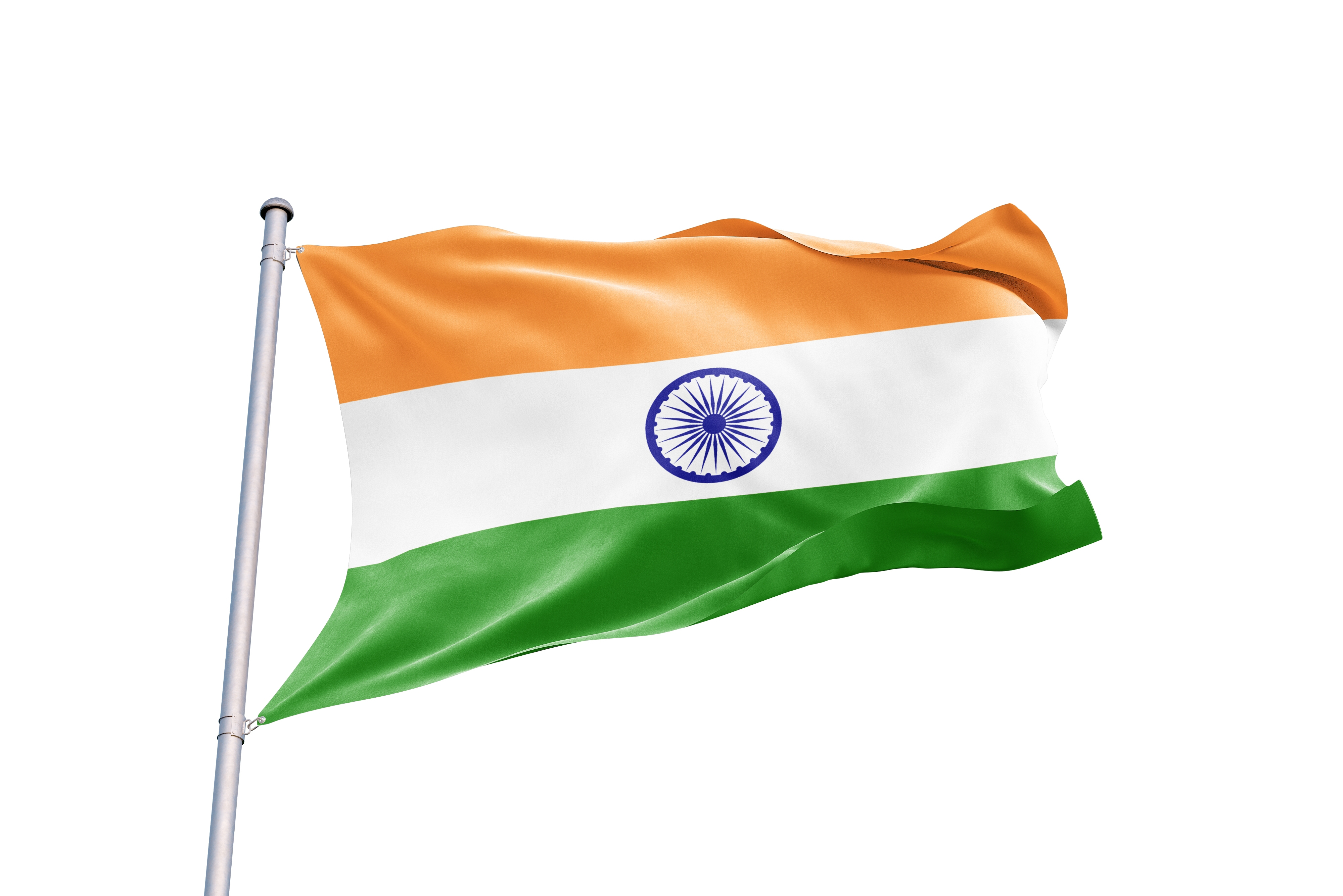 A crisp 3D-rendered Indian flag waving from a silver mast against a white background