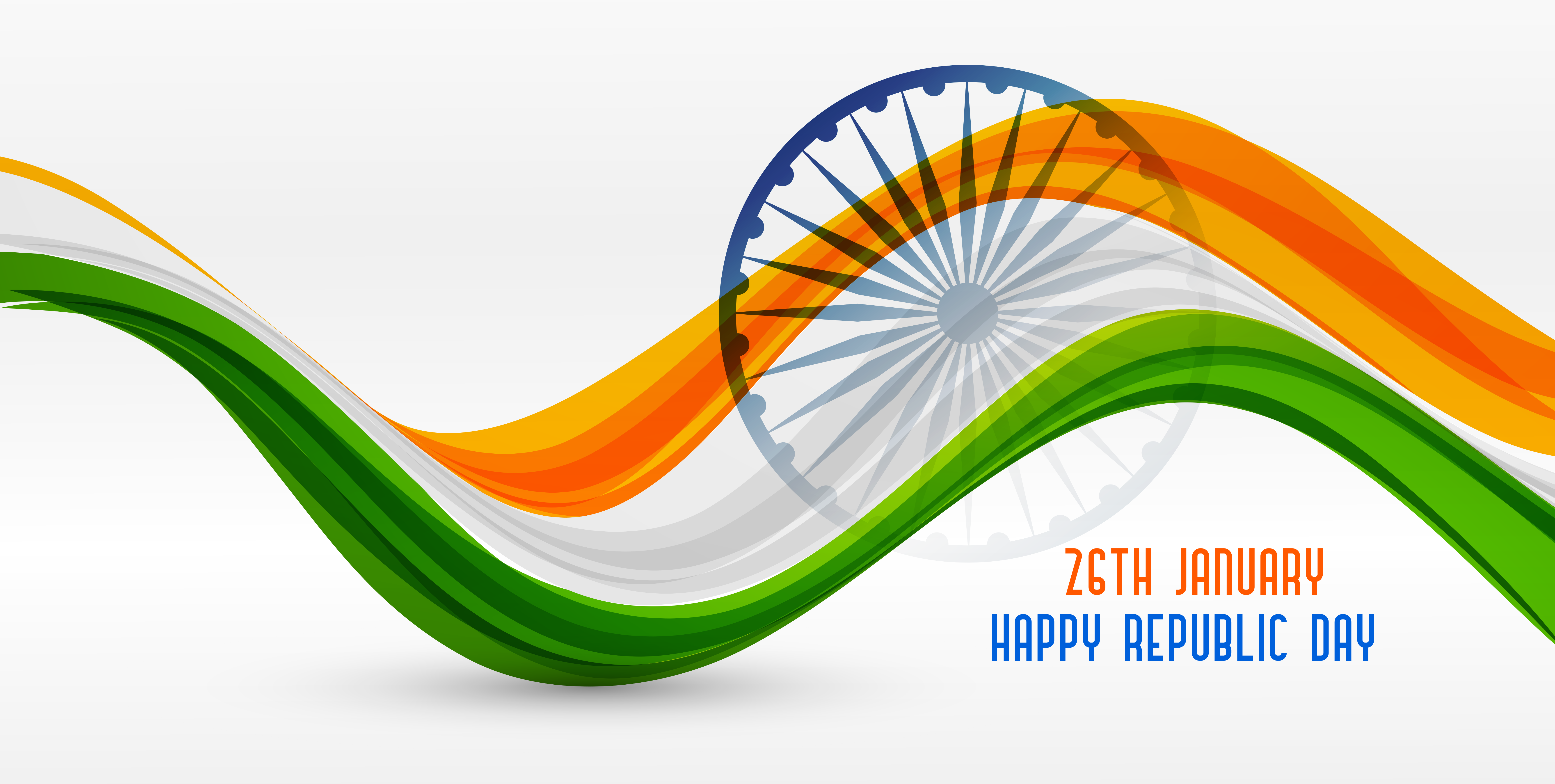 A layered wave of orange, white and green with a large outlined Ashoka Chakra behind and the words 26th January, Happy Republic Day