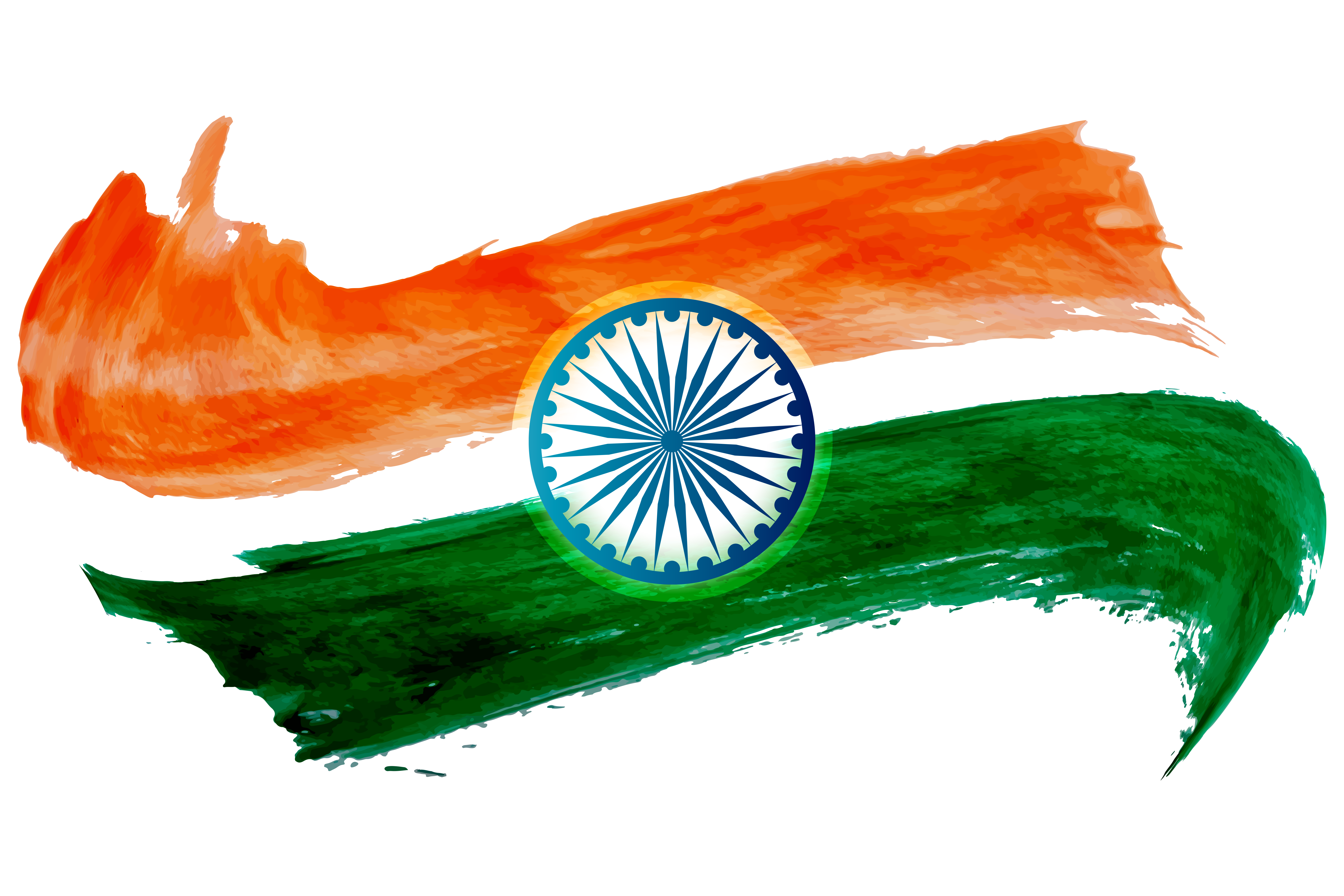 Two heavy watercolour strokes, saffron above and green below, meeting at a gold-rimmed navy Ashoka Chakra