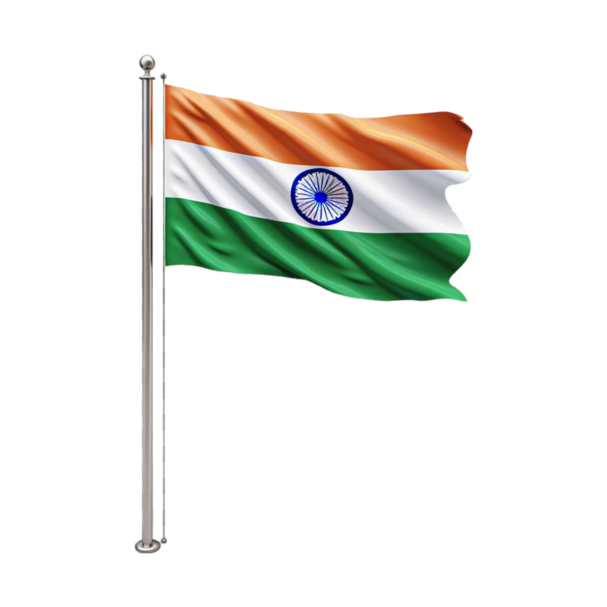 A realistic rippling Indian flag mounted on a polished silver mast against white