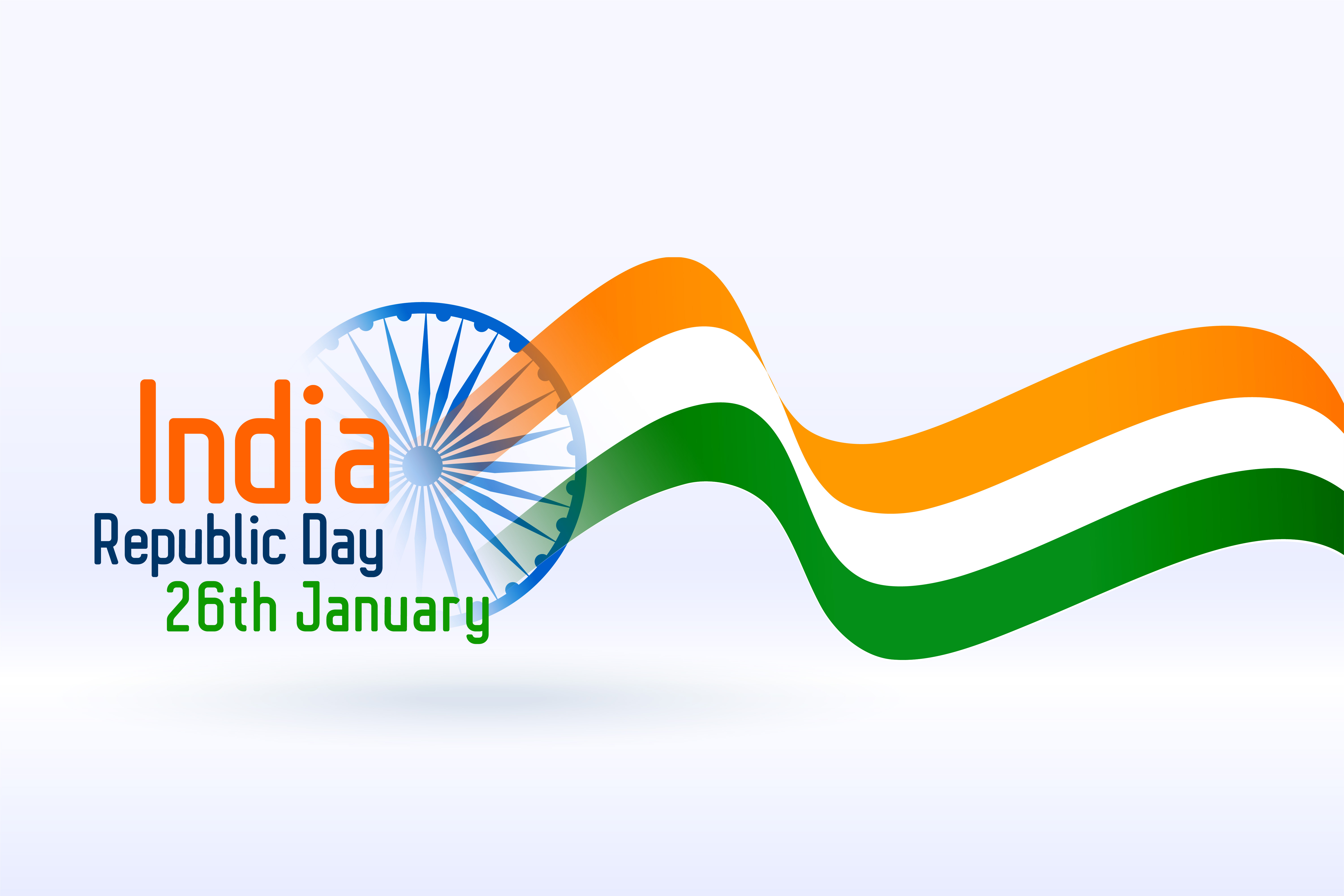 India Republic Day 26th January lettering with a translucent Ashoka Chakra and a wavy tricolour ribbon