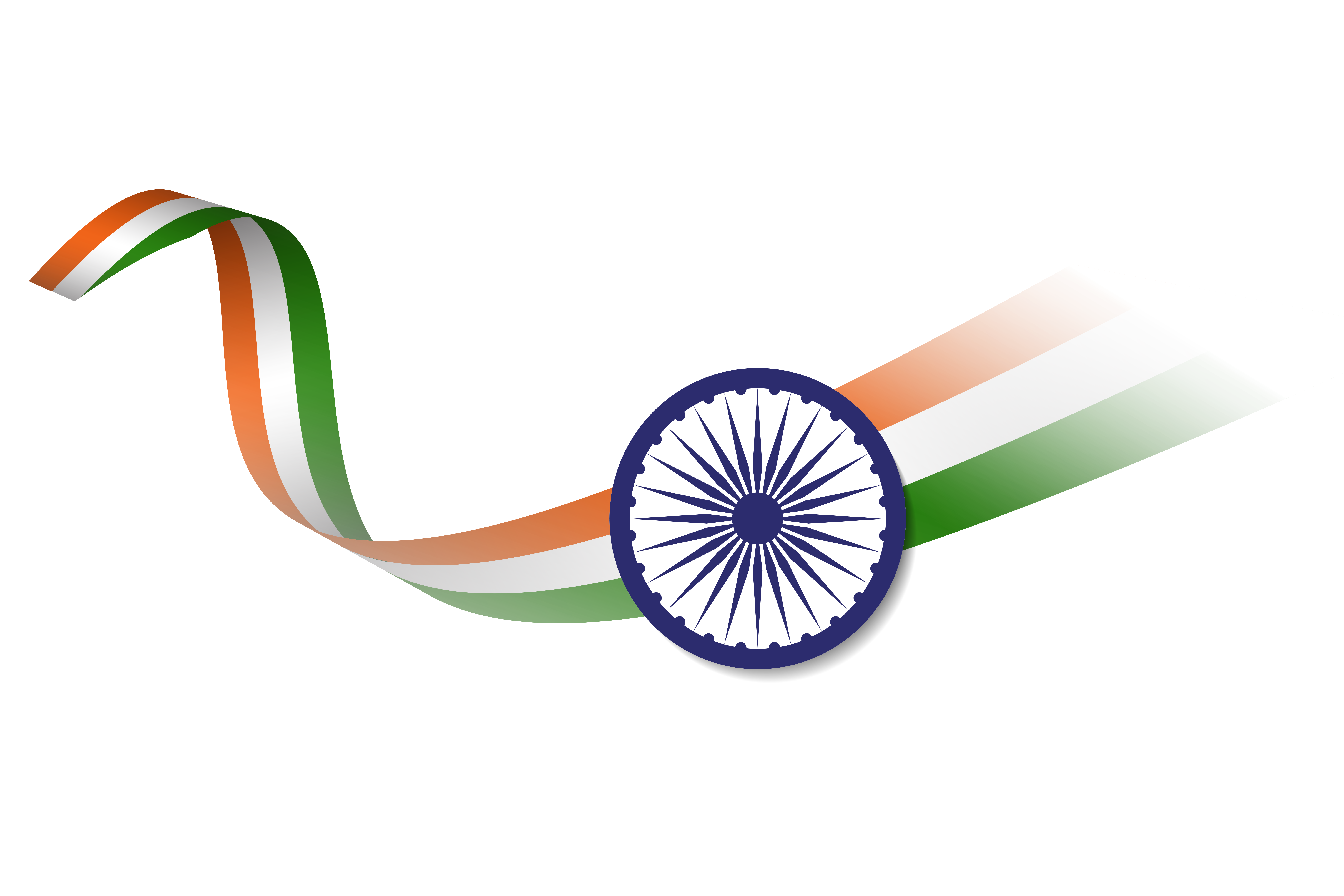 A slender tricolour ribbon curling and dipping low with a navy-rimmed Ashoka Chakra badge at its lowest point