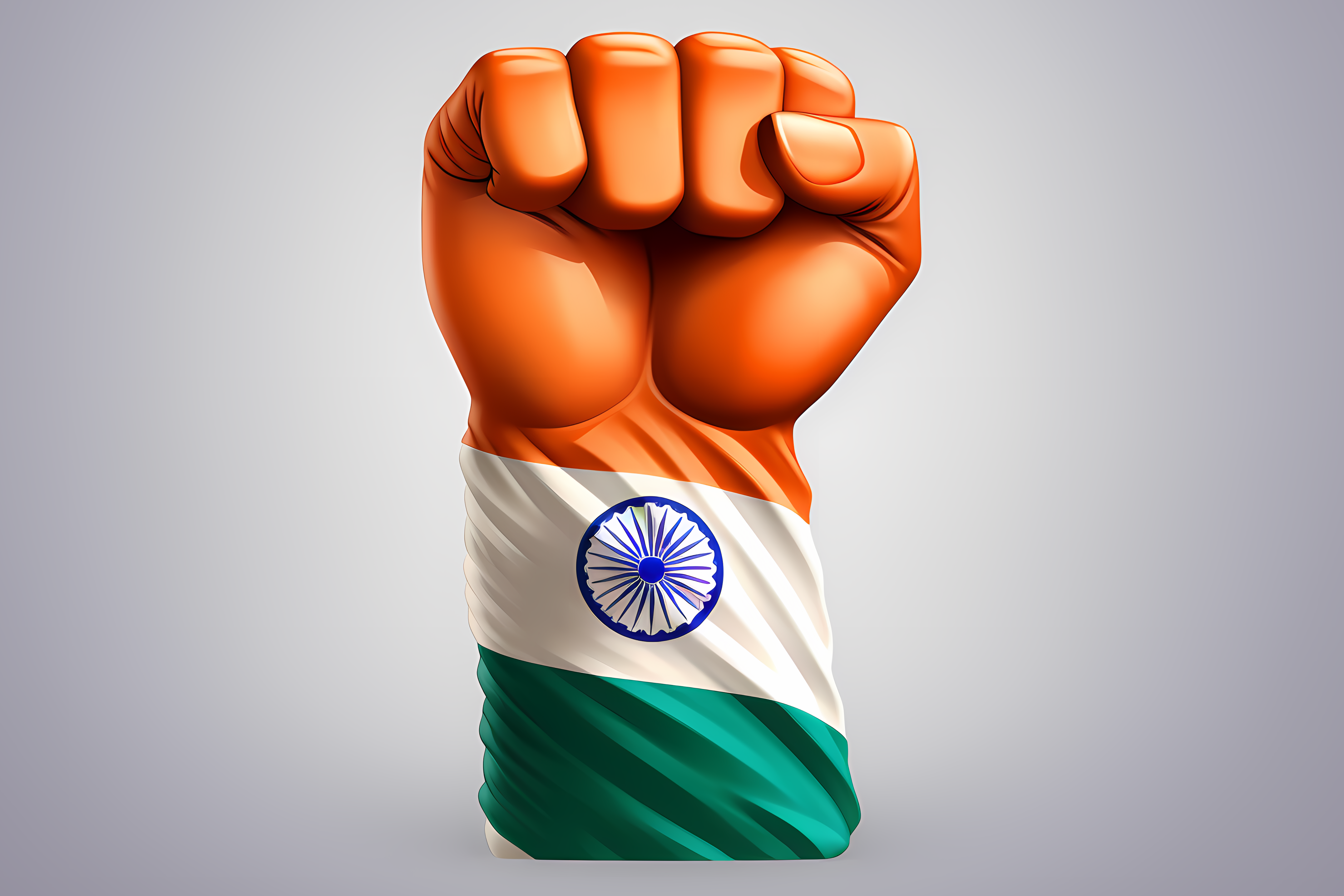 A raised fist painted in the Indian tricolour — saffron hand, white and green forearm with the Ashoka Chakra at the wrist