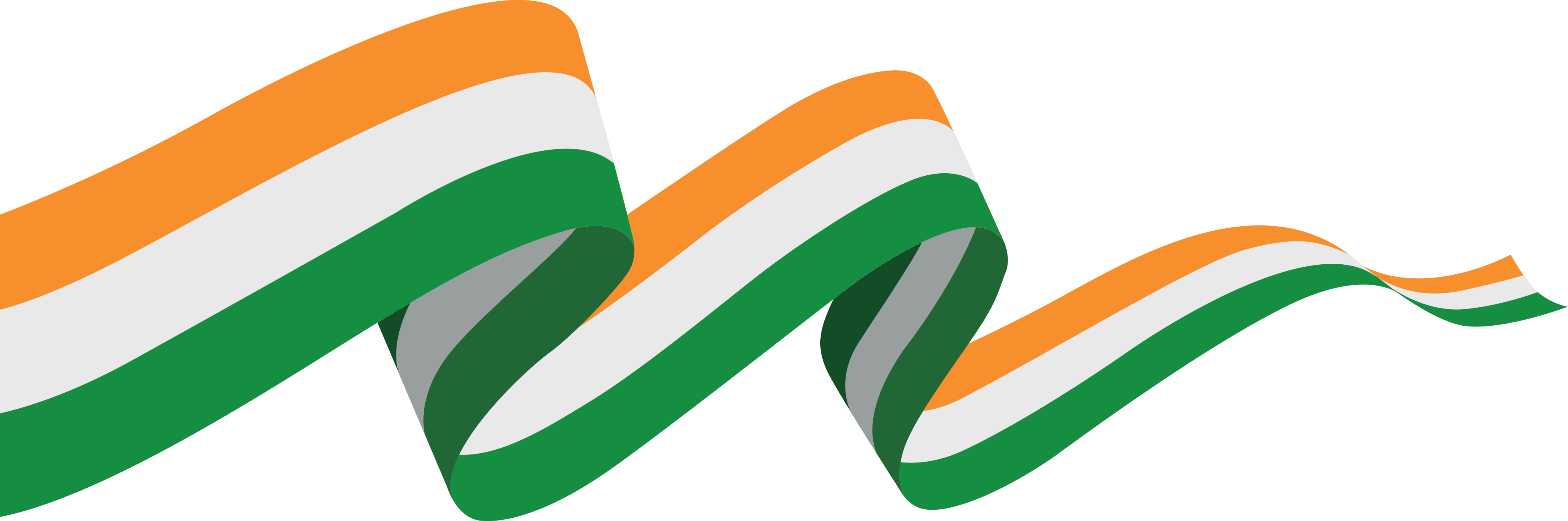 A tricolour ribbon folding across the frame in sharp zigzags, saffron, white and green with a grey underside
