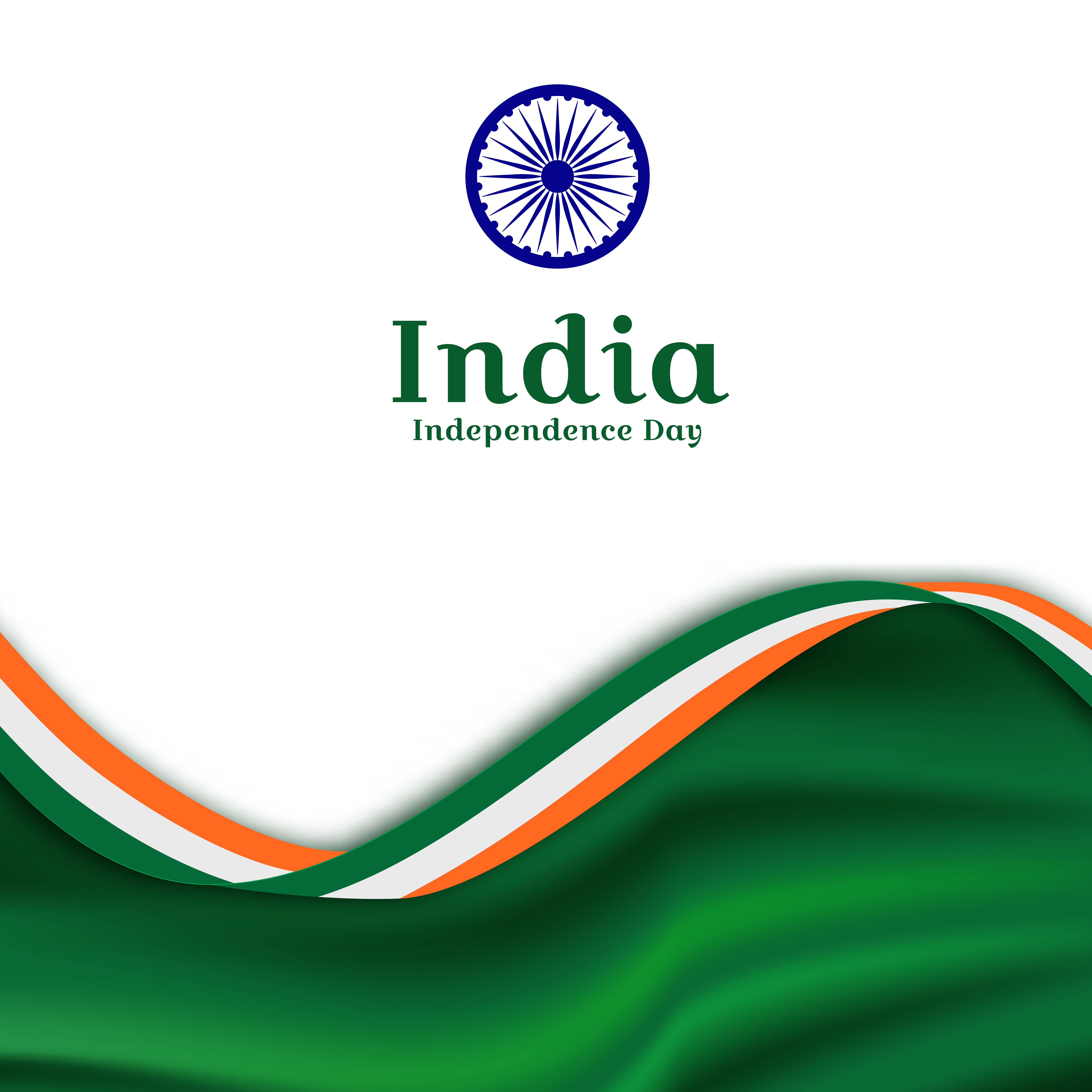 India Independence Day design — deep green and tricolour waves rolling beneath an India heading and the navy Chakra